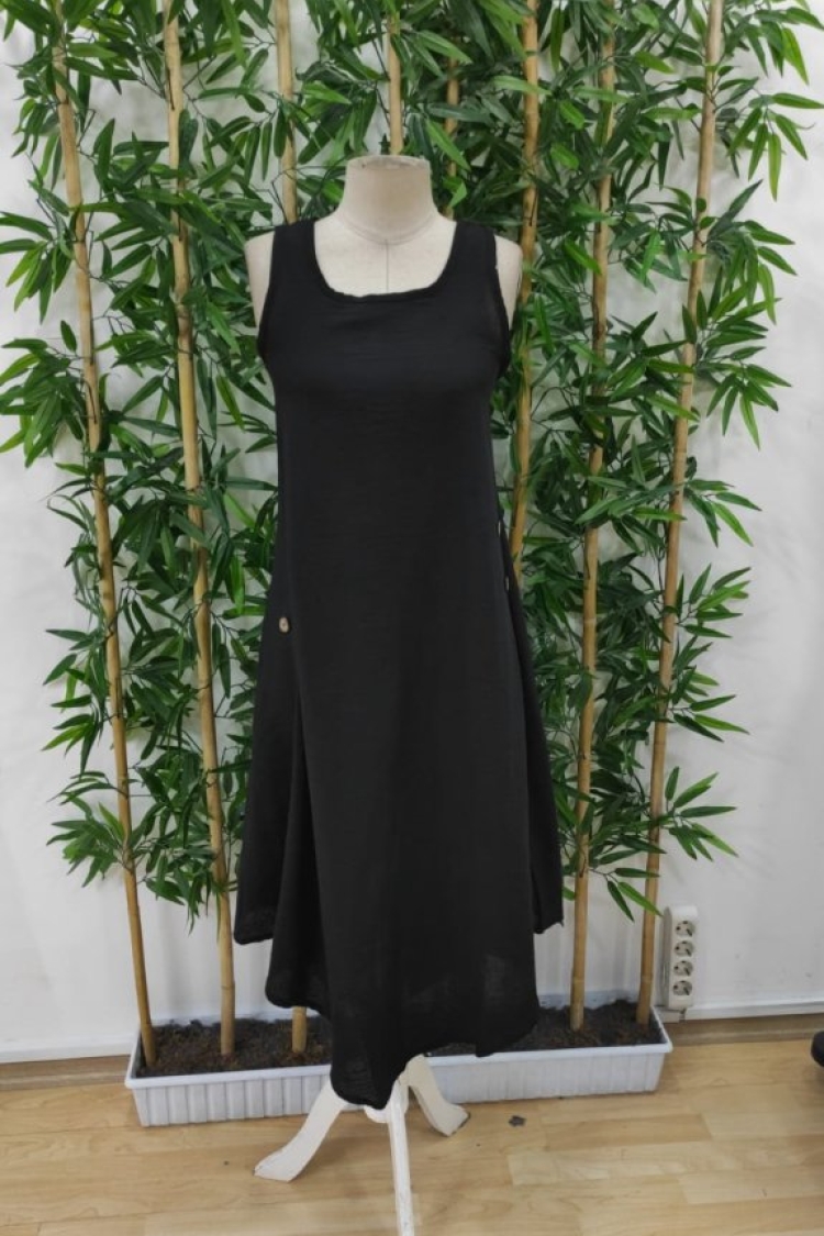 Women's Strappy Round Neck Buttoned Asymmetric Cut Detailed Imported Linen Dress