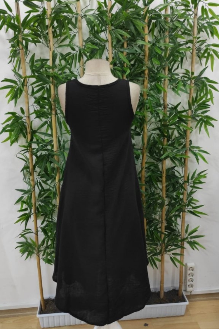 Women's Strappy Round Neck Buttoned Asymmetric Cut Detailed Imported Linen Dress