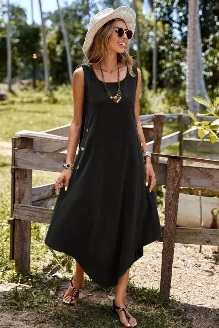 Women's Strappy Round Neck Buttoned Asymmetric Cut Detailed Imported Linen Dress