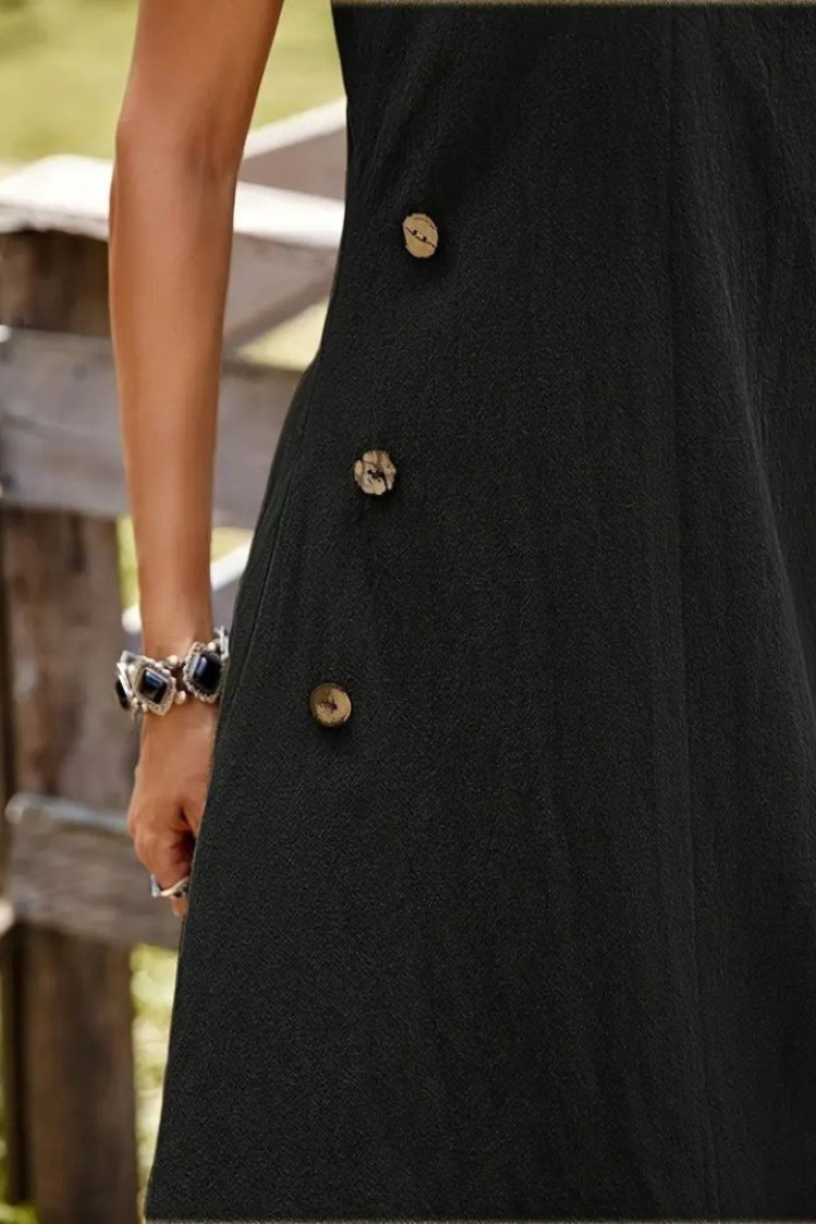 Women's Strappy Round Neck Buttoned Asymmetric Cut Detailed Imported Linen Dress