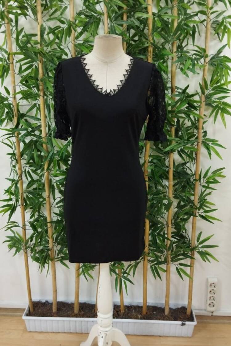 Women's Short Sleeve V Neck Lace Detailed Short Imported Crepe Dress - Black