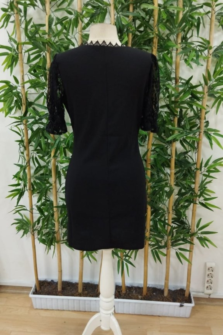 Women's Short Sleeve V Neck Lace Detailed Short Imported Crepe Dress - Black