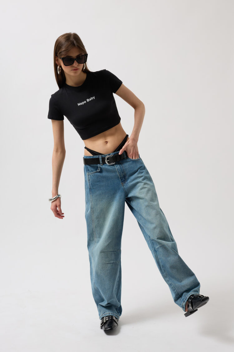 Sewing Detail Wide Leg Jean - Blue