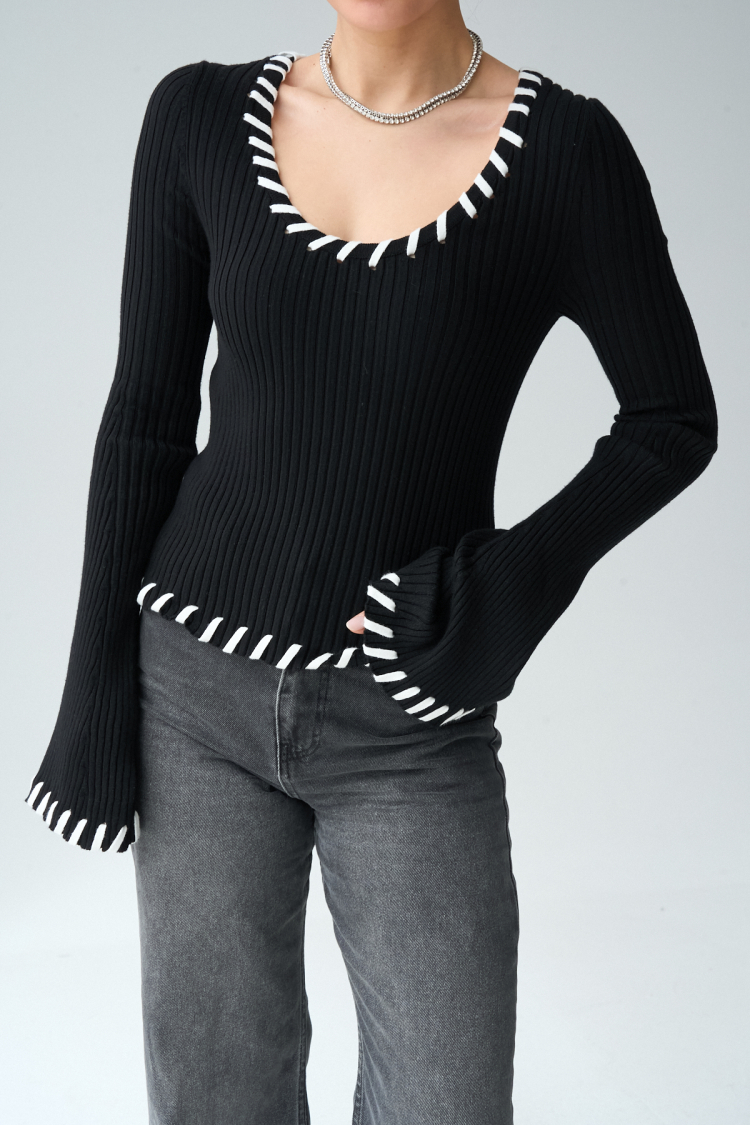 Collar Color Transition Sweater - -bone - Qustyle - Globality Store - Women Clothes Wholesale Turkey