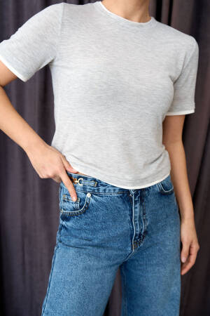 Two-tone Short Sleeve T-shirt - -ecru - Qustyle - Globality Store - Women Clothes Wholesale Turkey