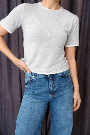 Two-tone Short Sleeve T-shirt - -ecru - Qustyle - Globality Store - Women Clothes Wholesale Turkey