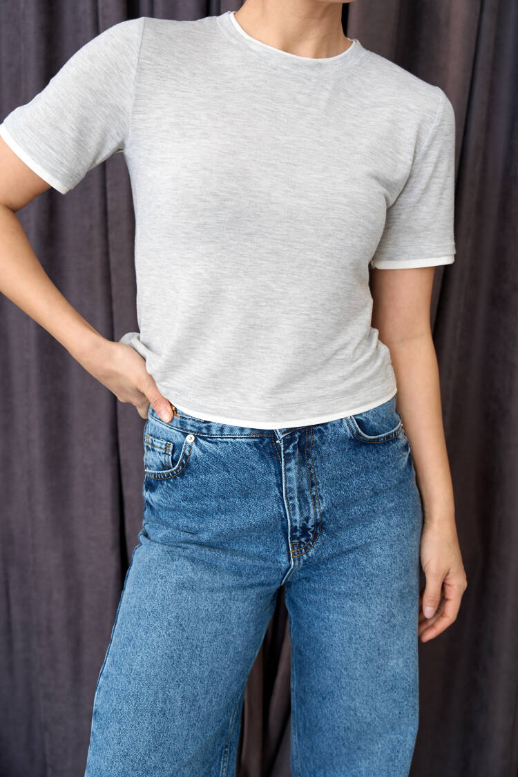 Two-tone Short Sleeve T-shirt - -ecru - Qustyle - Globality Store - Women Clothes Wholesale Turkey