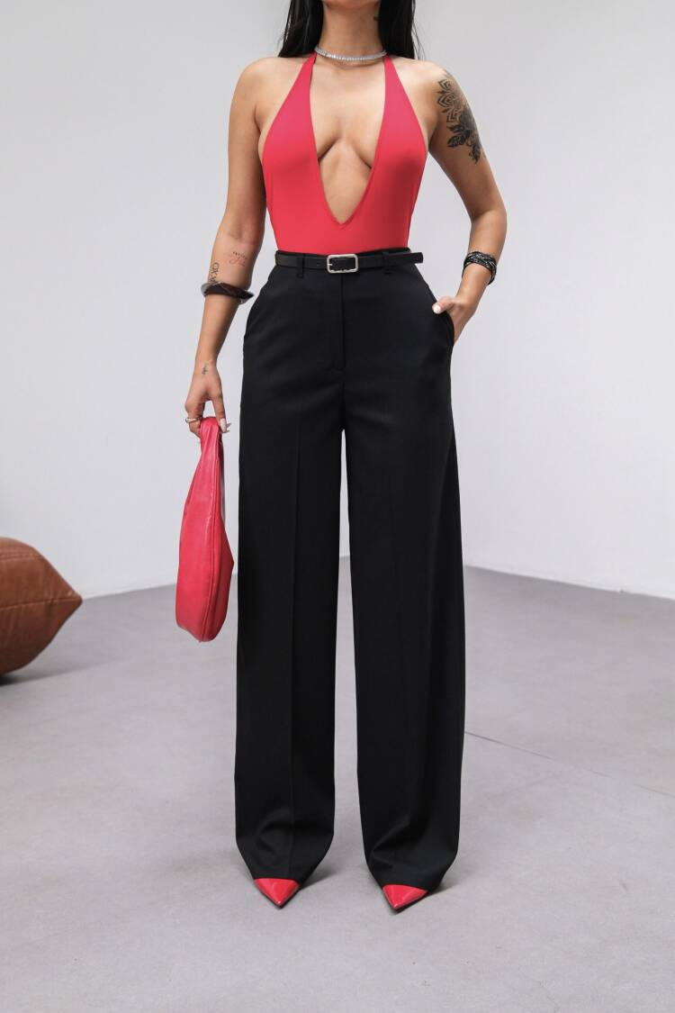 Poly Viscose High Waist Belted And Draped Palazzo Pants (Belt Included)