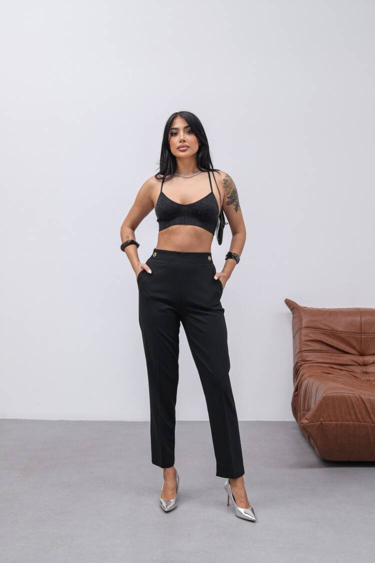 Poly Viscose Decorative Buttoned Back Waist Elastic Pants - Ouz Fashion - Globality Store - Women Clothes Wholesale Turkey