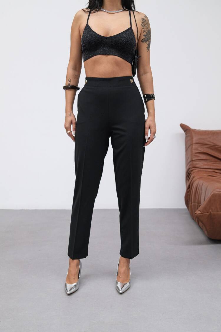 Poly Viscose Decorative Buttoned Back Waist Elastic Pants
