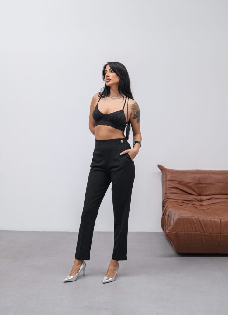 Poly Viscose Decorative Buttoned Back Waist Elastic Pants