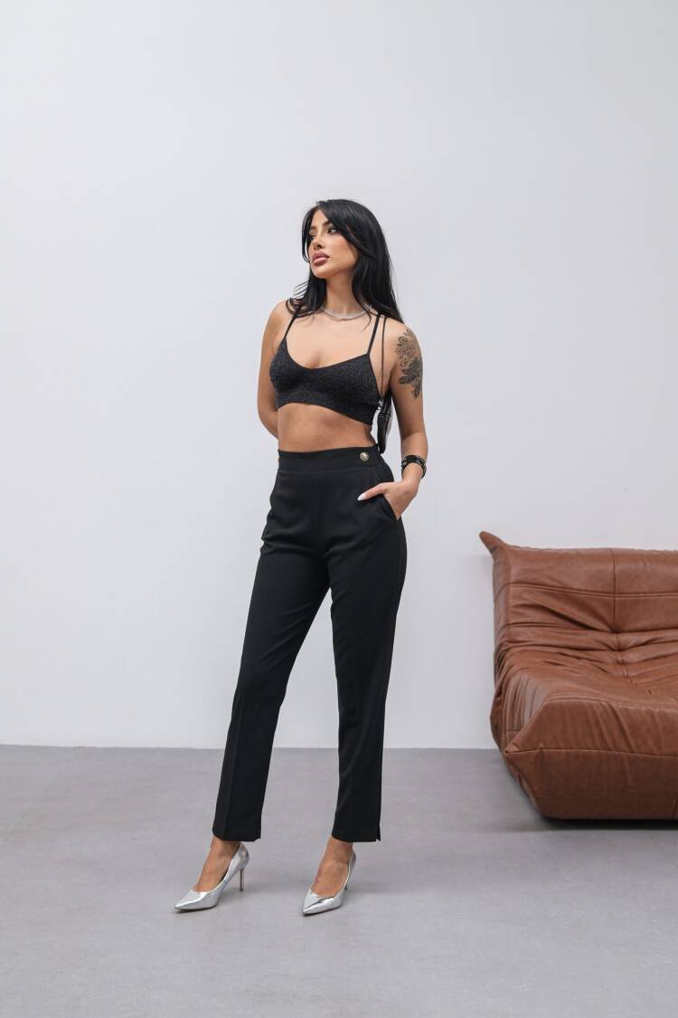 Poly Viscose Decorative Buttoned Back Waist Elastic Pants