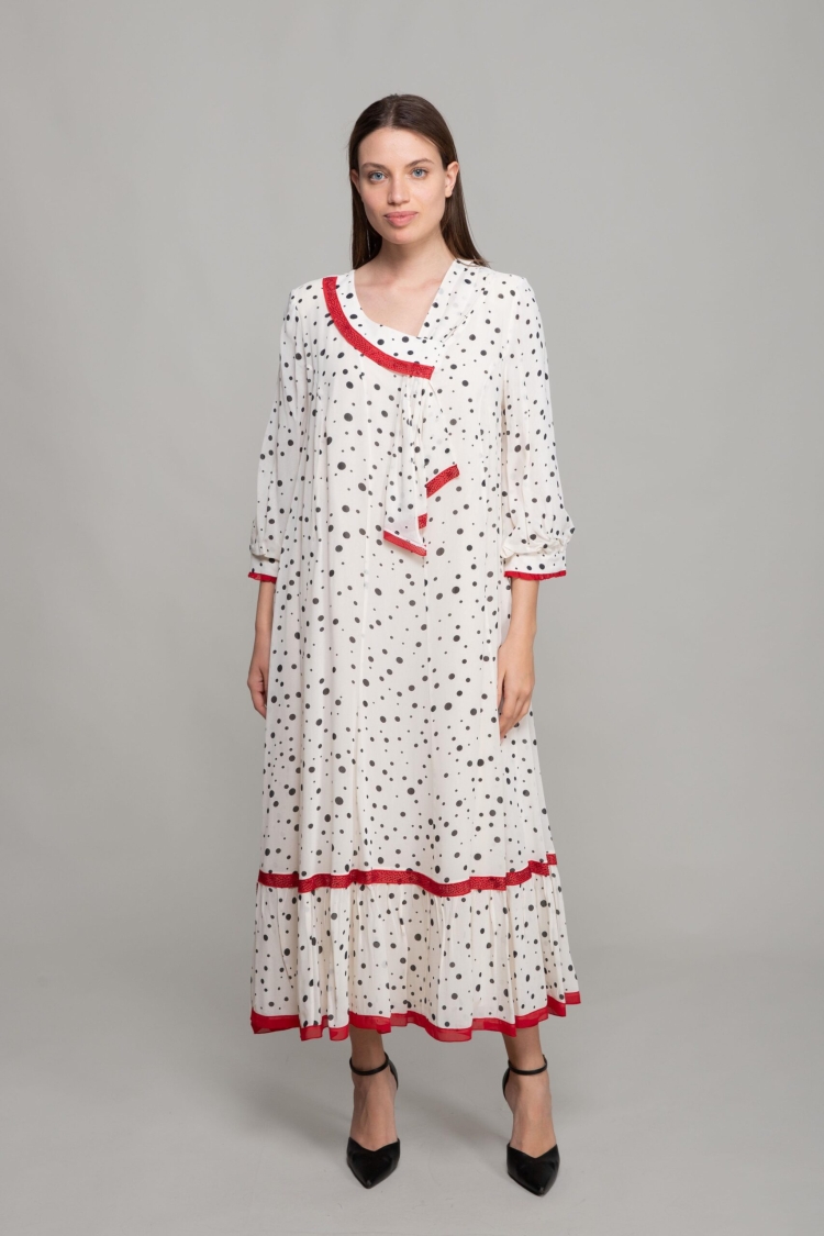 V Neck Polka Dot Chiffon Dress - GUMANIZE - Globality Store - Women Clothes Wholesale Turkey