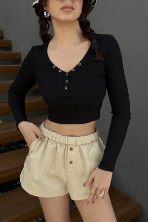 Open Neck Snap Detailed Long Sleeve Crop Ribbed Knitted Blouse 29128 - First Angels - Globality Store - Women Clothes Wholesale Turkey