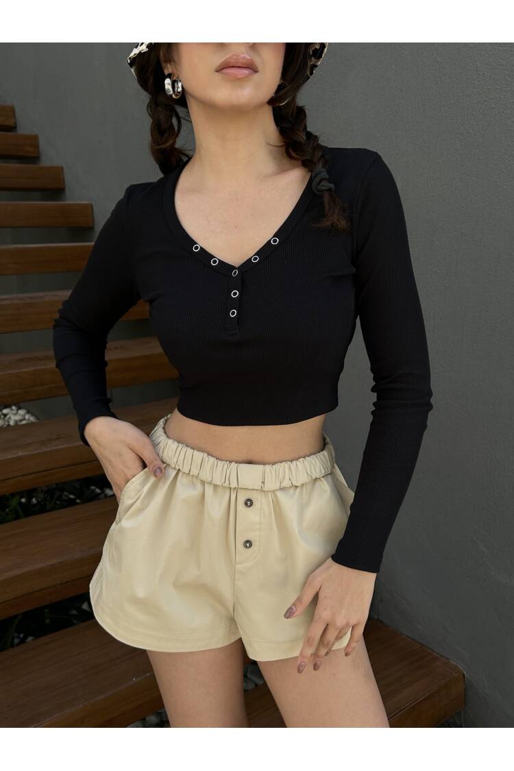 Open Neck Snap Detailed Long Sleeve Crop Ribbed Knitted Blouse 29128 - First Angels - Globality Store - Women Clothes Wholesale Turkey