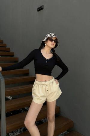 Open Neck Snap Detailed Long Sleeve Crop Ribbed Knitted Blouse 29128 - First Angels - Globality Store - Women Clothes Wholesale Turkey