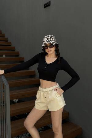 Open Neck Snap Detailed Long Sleeve Crop Ribbed Knitted Blouse 29128 - First Angels - Globality Store - Women Clothes Wholesale Turkey