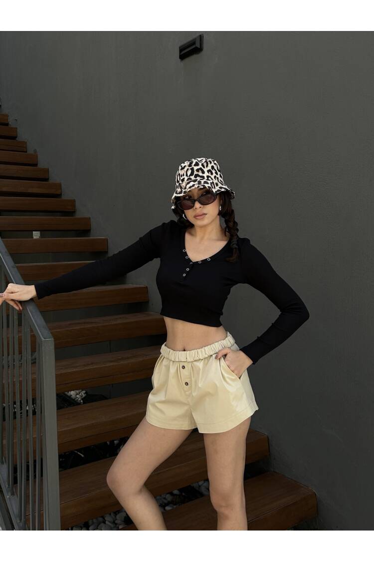Open Neck Snap Detailed Long Sleeve Crop Ribbed Knitted Blouse 29128