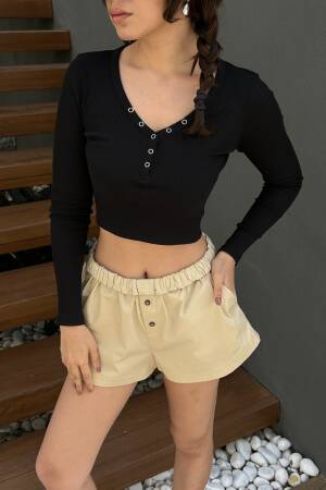 Open Neck Snap Detailed Long Sleeve Crop Ribbed Knitted Blouse 29128 - First Angels - Globality Store - Women Clothes Wholesale Turkey