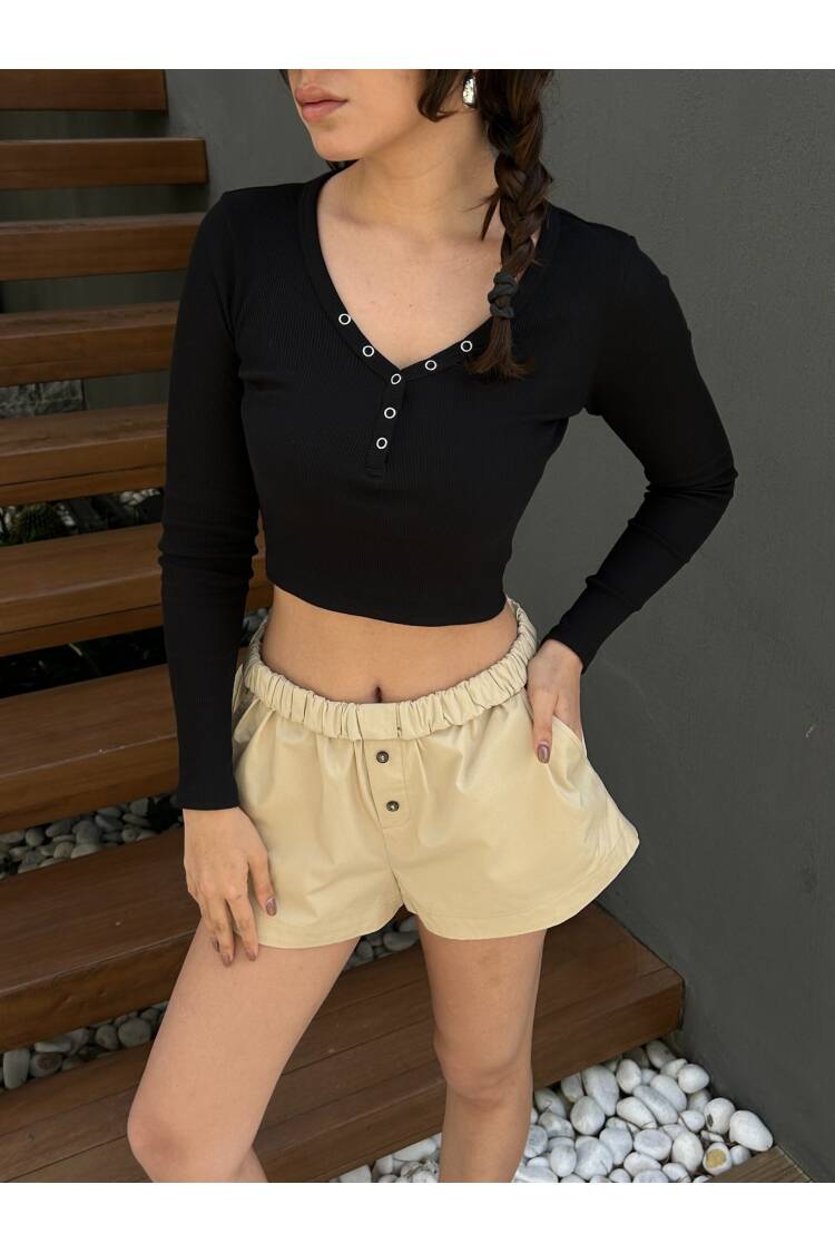 Open Neck Snap Detailed Long Sleeve Crop Ribbed Knitted Blouse 29128