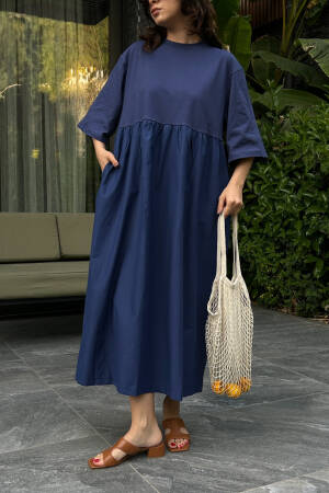 Navy Blue Top Combed Hem Knit Oversize Long Dress 27258 - First Angels - Globality Store - Women Clothes Wholesale Turkey