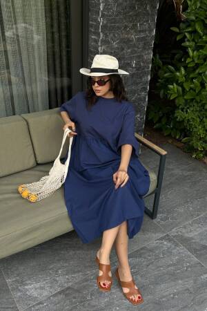 Navy Blue Top Combed Hem Knit Oversize Long Dress 27258 - First Angels - Globality Store - Women Clothes Wholesale Turkey