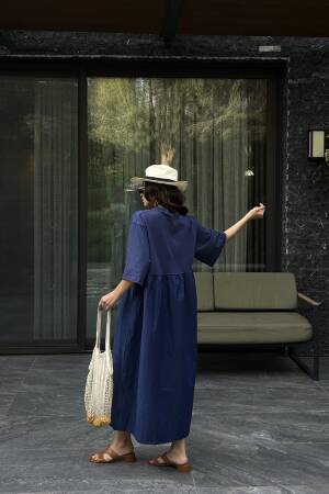 Navy Blue Top Combed Hem Knit Oversize Long Dress 27258 - First Angels - Globality Store - Women Clothes Wholesale Turkey