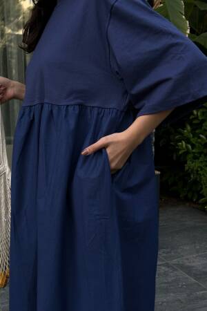Navy Blue Top Combed Hem Knit Oversize Long Dress 27258 - First Angels - Globality Store - Women Clothes Wholesale Turkey