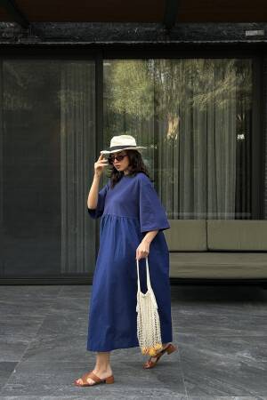 Navy Blue Top Combed Hem Knit Oversize Long Dress 27258 - First Angels - Globality Store - Women Clothes Wholesale Turkey