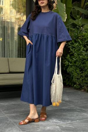 Navy Blue Top Combed Hem Knit Oversize Long Dress 27258 - First Angels - Globality Store - Women Clothes Wholesale Turkey