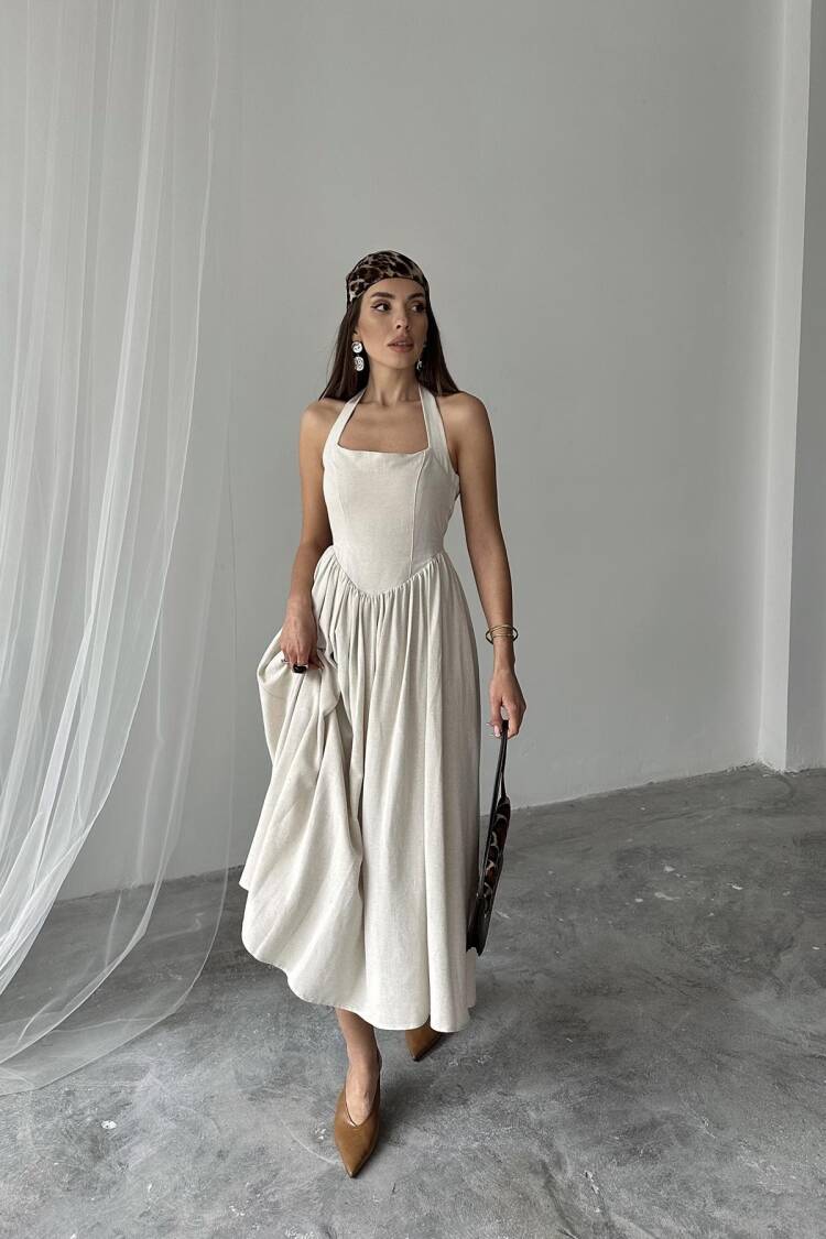 WholesaleNeck Tie Up Linen Dress