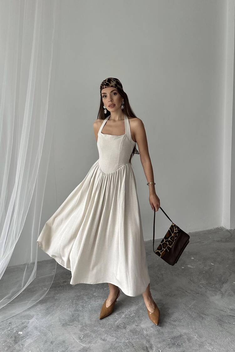 WholesaleNeck Tie Up Linen Dress