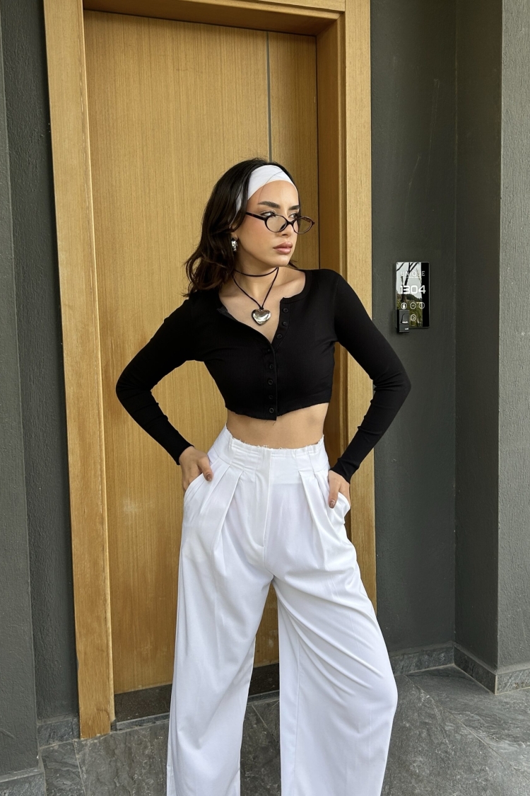 100% Cotton Open Collar Buttoned Ribbed Knitted Blouse 29125