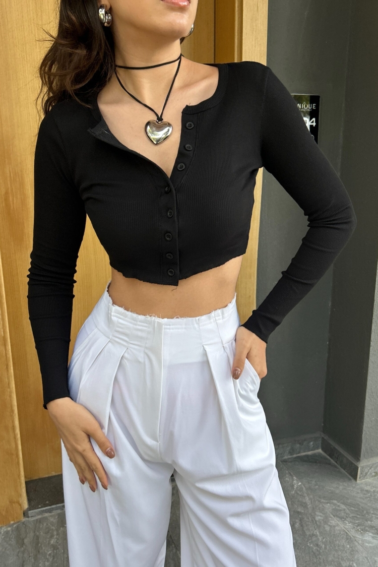 100% Cotton Open Collar Buttoned Ribbed Knitted Blouse 29125