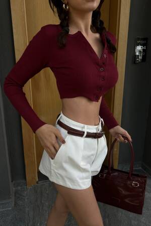 Burgundy 100% Cotton Open Collar Buttoned Ribbed Knitted Blouse 29125 - First Angels - Globality Store - Women Clothes Wholesale Turkey