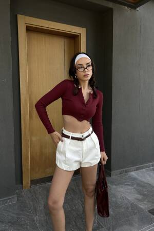 Burgundy 100% Cotton Open Collar Buttoned Ribbed Knitted Blouse 29125 - First Angels - Globality Store - Women Clothes Wholesale Turkey