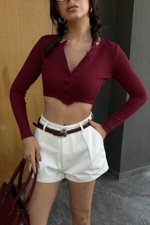 Burgundy 100% Cotton Open Collar Buttoned Ribbed Knitted Blouse 29125 - First Angels - Globality Store - Women Clothes Wholesale Turkey
