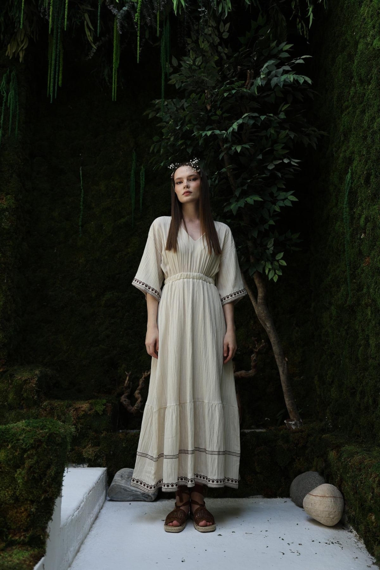 Sleeve And Skirt Embroidered Dress - Stone