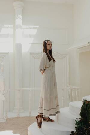 Sleeve And Skirt Embroidered Dress - Stone - Reyon - Globality Store - Women Clothes Wholesale Turkey