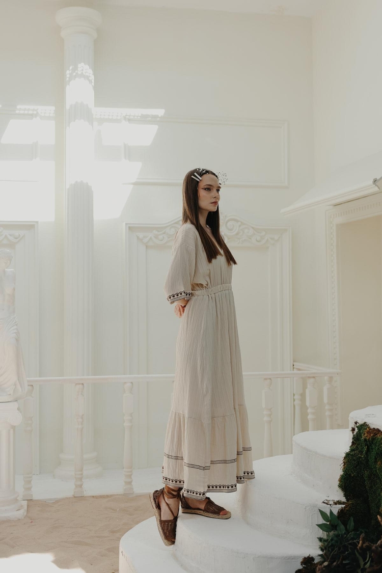 Sleeve And Skirt Embroidered Dress - Stone