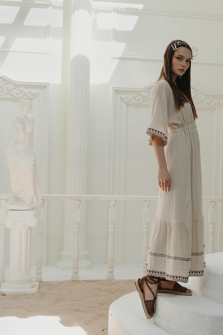 Sleeve And Skirt Embroidered Dress - Stone