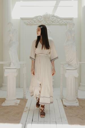 Sleeve And Skirt Embroidered Dress - Stone - Reyon - Globality Store - Women Clothes Wholesale Turkey