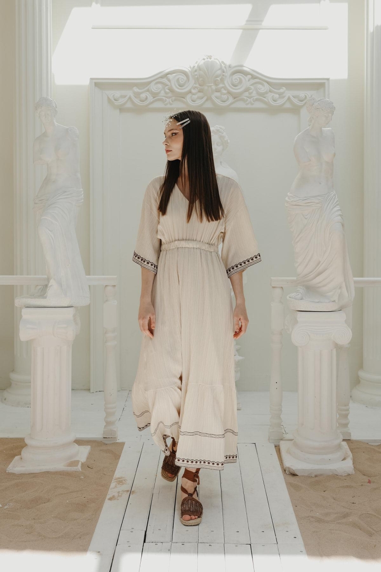 Sleeve And Skirt Embroidered Dress - Stone