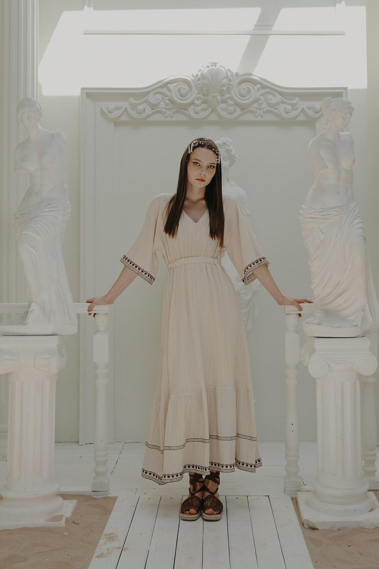 Sleeve And Skirt Embroidered Dress - Stone
