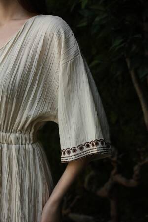 Sleeve And Skirt Embroidered Dress - Stone - Reyon - Globality Store - Women Clothes Wholesale Turkey