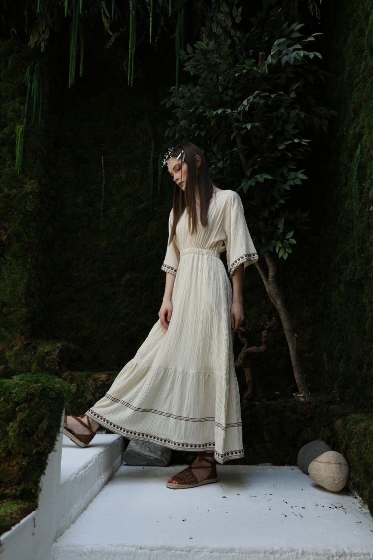 Sleeve And Skirt Embroidered Dress - Stone