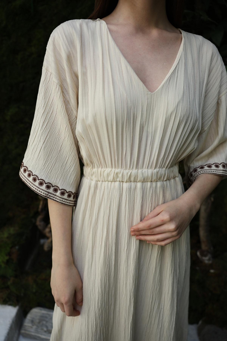 Sleeve And Skirt Embroidered Dress - Stone