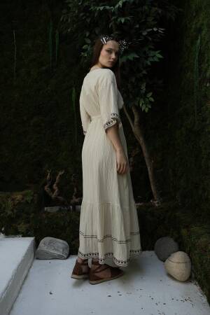 Sleeve And Skirt Embroidered Dress - Stone