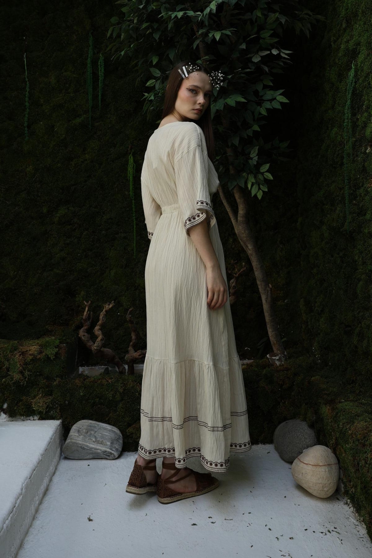 Sleeve And Skirt Embroidered Dress - Stone