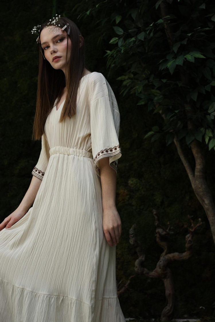 Sleeve And Skirt Embroidered Dress - Stone